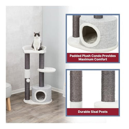 TRIXIE Pilar Cat Scratching Post 39.4 Inch - with Durable Sisal Rope (Gray) and Condo, Two Platforms, Top Platform with Backrest & Dangling Cat Toy - in Gray - color: Pilar