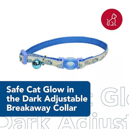 Coastal Pet - Safe Cat Glow in the Dark Adjustable Breakaway Collar - Glowing Blue Fish Print - 3/8” x 8"-12”