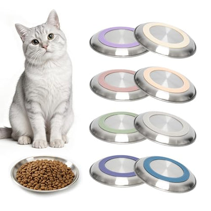 8 Pack Stainless Steel Cat Food Bowls, Cat Dishes Shallow Whisker-Friendly Metal Dishes with Non-Slip Silicone Bottom, Easy to Clean Indoor Feeding Bowls for Cats, Kittens & Small Dogs (6.7")