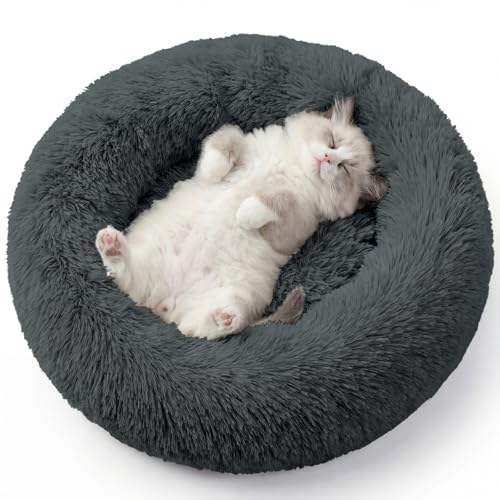 WROS Calming Dog Bed, 20" x 20" x 6" Fits Cat & Dog, Anti-Slip Round Washable Faux Fur for Doze Off, Napping Orthopedic, Dark Grey - color: Dark Grey, size: 20.0"L x 20.0"W x 6.0"Th