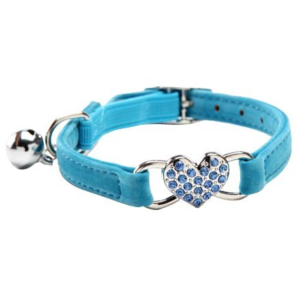 CHUKCHI Pink Soft Velvet Safe Cat Adjustable Collar with Crystal Heart Charm and Bells 8-11 Inches (Blue) - color: Blue