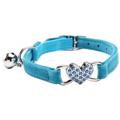 CHUKCHI Pink Soft Velvet Safe Cat Adjustable Collar with Crystal Heart Charm and Bells 8-11 Inches (Blue) - color: Blue