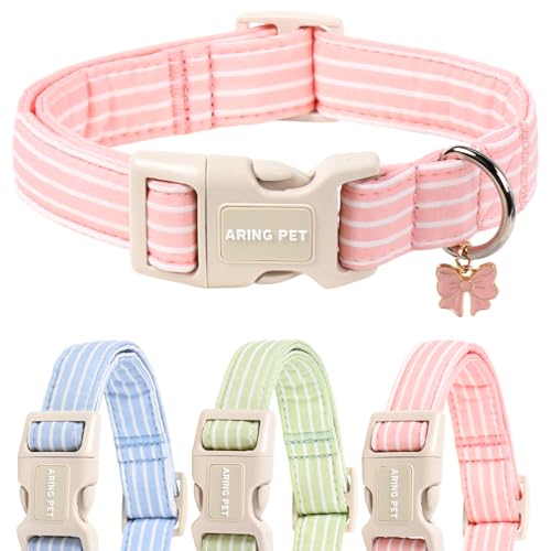 ARING PET Stripe Dog Collar, Cute Spring Summer Pink Stripe Pet Collars with Bow Charm for Puppy Small Medium Large Female Girl Dogs-XS, for Daily Outdoor Walking Training - color: Stripe Pink, size: X-Small