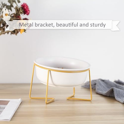 White Large Ceramic Tilted Elevated Cat Dog Bowl Raised Cat Food Water Bowl Dish Pet Comfort Feeding Bowls with Gold Iron Stand - color: White, size: Large