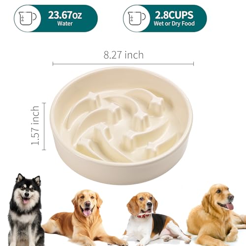 8.26 in Milk White Dog Bowl Slow Feeder Ceramic for Medium and Large Breed,Pet Feeding Dog Food Water Dish Heavy Weighted,Puppy Bowl for Fast Eaters,Puzzle Slow Eating Dish Modern Maze Meteor - color: Upgraded Milk White Slow Feeder