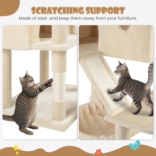 SHA CERLIN 81in Multi-Level Tall Cat Tree Tower for Indoor Kitties/Larger Cat Condo Furniture with Hammock/Cozy Pussycat Perches/Sisal Scratching Posts/Pet House/Wide Base/Beige - color: Beige