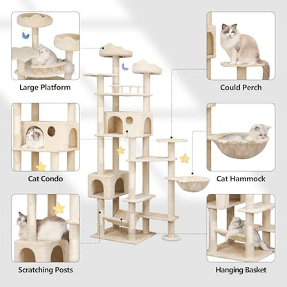Meecal 79inch Heavy Duty Cat Tree for Indoor Cats Large Adult, Tall Giant Cat Tower with Scratching Post, Large Perches, Cozy Cat Condos & Hanging Hammocks, Beige - color: Beige