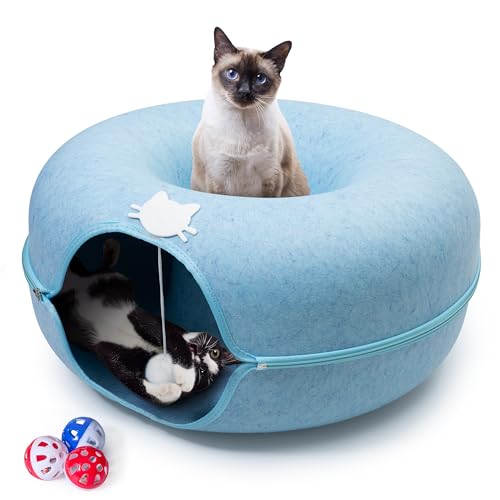 Large Cat Cave Bed for Indoor Cats, Cat Donut Tunnel Bed with Peekaboo Hideaway, Hanging Toy Ball & 3 Play Balls, Felt Cat Cave Bed for Multiple & Large Cats to 30lbs, Detachable Washable Meow Mansion - color: Blue