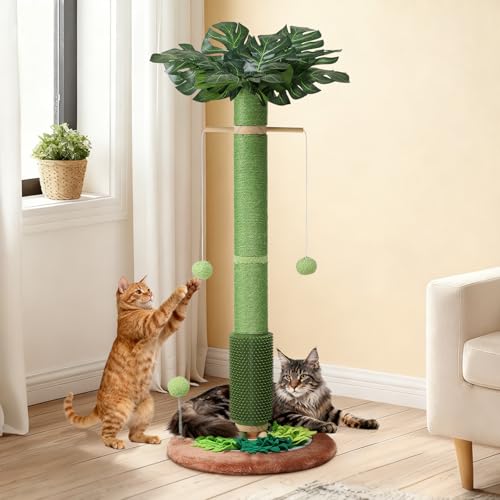 Cat Scratching Post, 40" Tall Palm Tree Scratch Post for Cats, Sisal Scratching Posts for Indoor Cats Adults with Hanging Cat Toys, Self-Grooming Brush, Snuffle Mat and Interactive Wooden Ball Track - size: 40" Tall