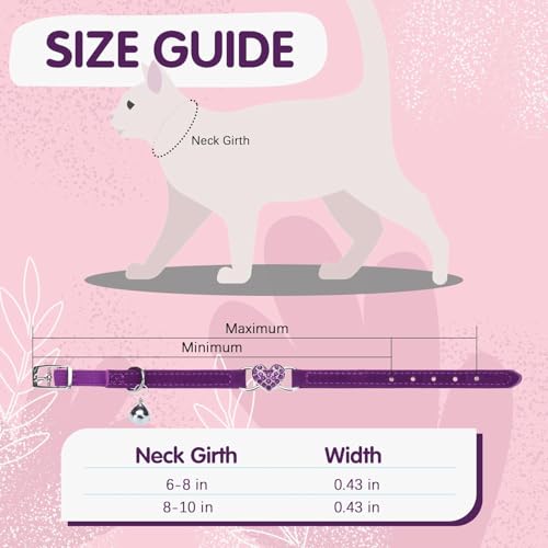BINGPET Diamond Cat Collar,Adjustable Soft Velvet Leather Safe Kitten Collar with Crystal Heart Charm and Bells,Girl Boy Bling Stylish Cat Collars with Safety Elastic (Purple, Neck Girth 8"-10") - color: Purple(Heart), size: Neck Girth 8"-10"