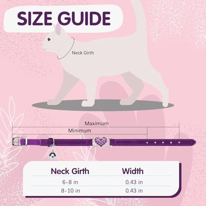 BINGPET Diamond Cat Collar,Adjustable Soft Velvet Leather Safe Kitten Collar with Crystal Heart Charm and Bells,Girl Boy Bling Stylish Cat Collars with Safety Elastic (Purple, Neck Girth 8"-10") - color: Purple(Heart), size: Neck Girth 8"-10"