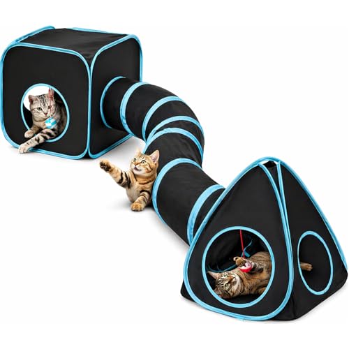 Rypet Cat Tunnels for Indoor Cats with Cube Tent, Interactive Collapsible Cat Tube and Foldable Cubes Playground for Hiding Hunting and Resting, Pet Tube with Bell for Kitten, Rabbit, Puppy, Ferret - color: Black