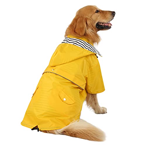 HDE Dog Raincoat Poncho Double Layer Zip Rain Jacket with Removable Hood, Leash Hole for Small to 3XL Dogs and Puppies Yellow - 3XL - color: Yellow, size: XXX-Large