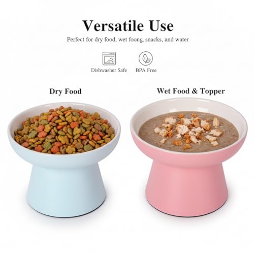 Elevated Cat Food Bowls 2 Pack,Ceramic Raised Cat Bowls with Non-Slip Base,Whisker Friendly Shallow Design for Dry & Wet Food,Anti-Vomiting Cat Feeder,Dishwasher & Microwave Safe (Pink&Blue) - color: Pink&Blue