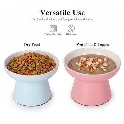 Elevated Cat Food Bowls 2 Pack,Ceramic Raised Cat Bowls with Non-Slip Base,Whisker Friendly Shallow Design for Dry & Wet Food,Anti-Vomiting Cat Feeder,Dishwasher & Microwave Safe (Pink&Blue) - color: Pink&Blue