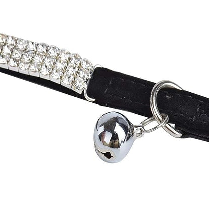 CHUKCHI Soft Velvet Safe Cat Adjustable Collar Bling Diamante with Bells,11 inch for Small Dogs and Cats (Black) - color: Black