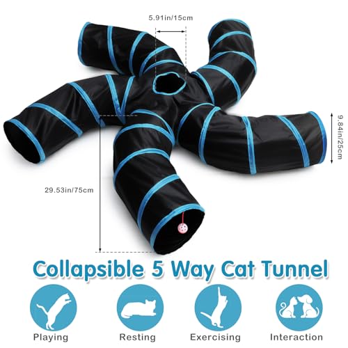 Poen 21 Pcs Cat Tunnel for Indoor Set Collapsible 5 Way Tubes with 20 Pcs Cat Kitten Toys Interactive Feather Toy Mouse Crinkle Balls Tube for Puppy Kitten Rabbit(Blue Black) - color: Blue Black