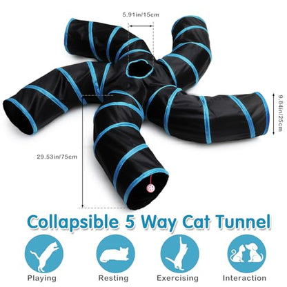 Poen 21 Pcs Cat Tunnel for Indoor Set Collapsible 5 Way Tubes with 20 Pcs Cat Kitten Toys Interactive Feather Toy Mouse Crinkle Balls Tube for Puppy Kitten Rabbit(Blue Black) - color: Blue Black