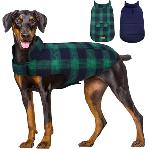 Kuoser Reversible Dog Jacket, Warm Winter Coat for Large Dogs, Warm Windproof Pet Cold Weather Clothes, Green XXL - color: Green Plaid, size: Xxl (Chest Girth: 29.5-35.4")