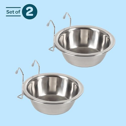 Set of 2 Stainless-Steel Dog Bowls - Cage, Kennel, and Crate Hanging Pet Bowls for Food and Water - 20oz Each and Dishwasher Safe by PETMAKER,Silver - size: 20 oz