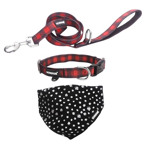iChoue Original Print French Bulldog Collar with Leash Bandana Set Adjustable for Frenchie Pug English Boston Terrier Dogs, Red Grid, Small - color: Collar with Leash Bandana Red Grid, size: Small ( 5 - 25 lbs )