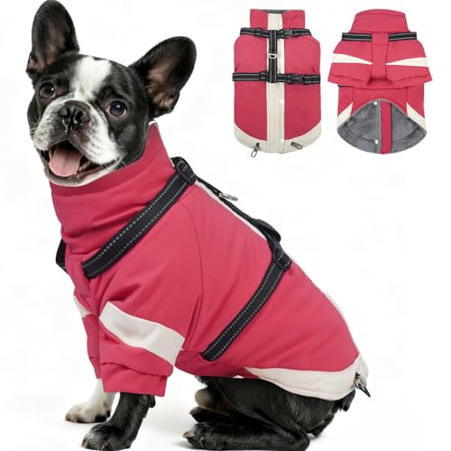 MIGOHI Snowproof Dog Jacket with Harness Reflective Small Dog Coat with Sleeves,Waterproof Fleece Winter Puffer Jacket for Dogs,Turtleneck Puppy Coats for Dogs Chilly Day,S,Pink - color: Pink, size: S(Chest:17.3")