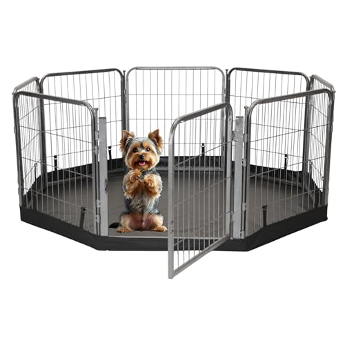 Dog Playpen w/Octagon Bottom Floor Cover - 24 inch, 8 Panel Portable Grey Metal Pet Play Pen for Small Dogs & Puppies - Indoor/Outdoor Kennel Cage for Home, Yard, RV, or Camping - size: 24 Inch