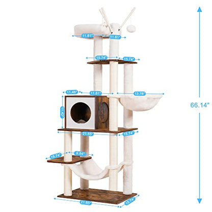 Hey-brother Wooden Cat Tree, 66.1“ Cat Furniture with Scratching Posts, Modern Cat Tower with hammocks, Toys, cat condo, Rustic Brown MPJ120SR - color: Rustic Brown