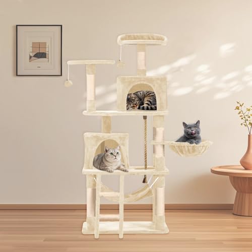 Cat Tree 60.63 inches Cat Tower for Indoor Cats, Multi-Level Cat Condo Furniture with Scratching Posts, Plush Perches, Activity Center with Cozy Basket & Hammock for Cats(Beige) - color: Beige