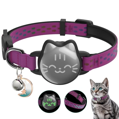 Waterproof Airtag 2nd & 1st Cat Collar, Breakaway Cat Airtag Collar with Luminous & Reflective Pattern Strap, Lightweight Kitten Collars for Apple Air tag, Hidden Holder - Cats, Kittens - color: Rose