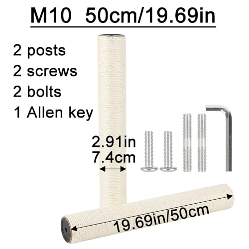 7.4cm 2.91in Diameter Cat Tree Scratching Post Replacement Sisal Pole Parts for Cat Tower (M10, 19.69in/50cm) - color: 19.69in/50cm, size: M10*2posts