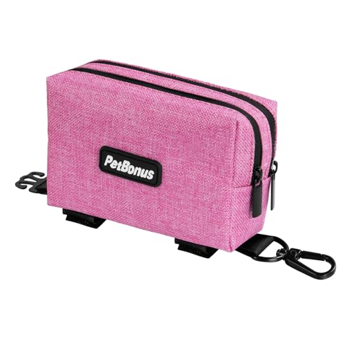 Dog Poop Bag Holder, Portable Pet Waste Bag Dispenser, 2 Pouches for Treats and Walking Accessories, Fit All Leashes, Includes 1 Roll of Dog Poop Bags (Pink) - color: Pink