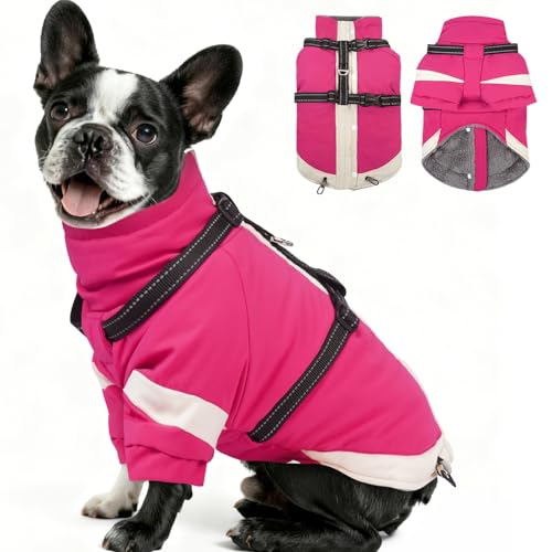 MIGOHI Waterproof Dog Coat with Harness Adjustable Dog Jacket Pet Winter Coat with Zipper,Christmas Small Fleece Jacket for Small Dogs,Extra Long Sleeves Warm Winter Snowsuit for Dogs,M,Rosered - color: RoseRed, size: M(Chest:20.9")