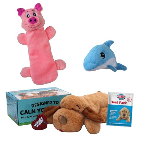 Snuggle Puppy Original, Dog Toy with Calming Heartbeat, Soothing Plush Companion Reduces Pet Anxiety, Includes Heat Pack & Batteries + 2 Tender-Tuff Dog Toys, Squeaker & Bottle Toy - color: Biscuit Bundle 1