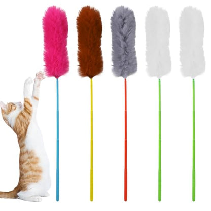Larrel 5PCS Interactive Cat Wand Toys, Fur Cat Toys, Soft Kitten Teaser Sticks for Indoor Cats, Fur Cats Teaser Wand Set for Playing, Chasing and Exercise Needs (13 Inch Long)