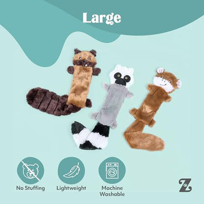 ZippyPaws Skinny Peltz - No Stuffing Dog Toy Pack to Keep Them Busy, for Medium and Large Dogs, Squeaky Pet Toys, Unstuffed Chew Toys, Soft Plush Variety Pack, Chipmunk, Lemur, and Monkey - 18" - style: Chipmunk, Lemur, Monkey - Large (3-pack)
