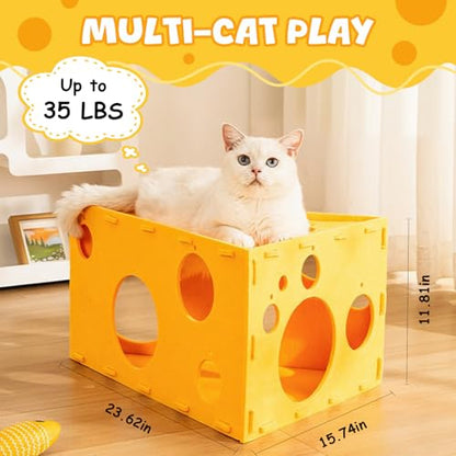 Cat House with 32 Toys, Cheese Cats Cave Hideout with Interactive Holes, Foldable Pet Activity Center, Playhouse Bed with Wand & Balls for Indoor Kitten