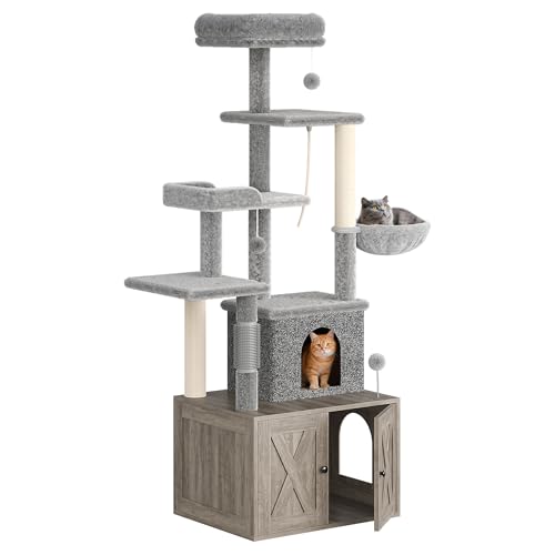 GarveeLife Litter Box Enclosure with Cat Tree, 2-in-1 Modern Cat Tower, Hidden Washroom Furniture, Wood Cat Condo with Scratching Post and Hammock, Indoor Pet Furniture with Multiple Platform, Grey - color: Grey