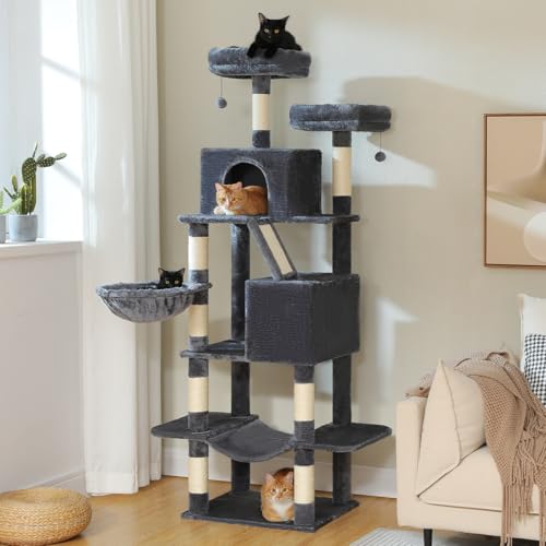 MUTTROS 70.8" Tall Cat Tree for Large Cats, Multi-Level Cat Tower with 8 Sisal Scratching Posts, 2 Top Perches, Big Condo, Large Hammock, and Cat Furniture for Indoor Cats, Dark Gray - color: Dark Gray, size: 70.8" Tall Cat Tree