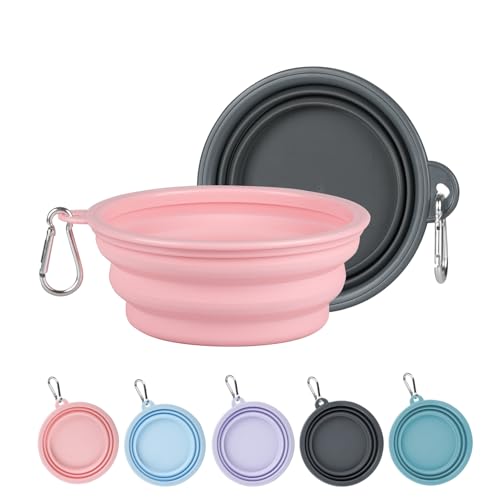Collapsible Dog Bowls for Travel, 2Pack Dog Portable Water Bowl, Foldable Pet Food Bowl with Clasp, Pet Cat Feeding Cup Dish for Traveling, Walking, Hiking - color: Grey & Pink, size: Small