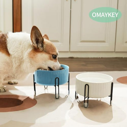 32 OZ Raised Dog Cat Bowls with Elevated Metal Stand, 6.5 Inch Ceramic Round Pet Food and Water Feeder Bowl Dish for Cats & Dogs, White & Blue, Set of 2 - color: White & Blue