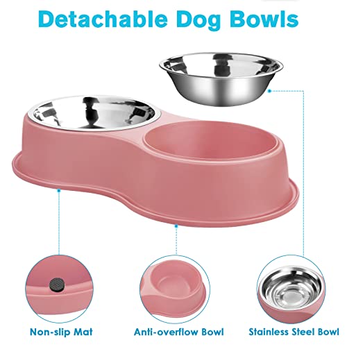 Epetslove Dog Bowls Double Dog Water and Food Bowls Stainless Steel Bowls with Non-Slip Resin Station, Pet Feeder Bowls for Puppy Medium Dogs Cats - color: 3.Pink, size: Medium-18oz