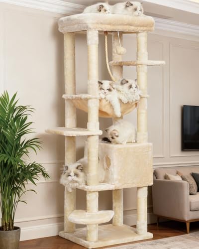 Heybly Cat Tree for Large Cats 20lbs Heavy Duty,60 inches XXL Cat Tower for Indoor Cats, Multi-Level Furniture Condo with Big Padded Plush Perch, Cozy Basket, Beige HCT050M - color: Beige, size: 60 inch