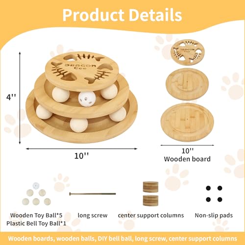 Cat Ball Track Toy with Puzzle Top, Interactive Cat Toys for Indoor Cats with Spinning Balls, Wooden Cat Ball Tower Toy for Kitten Kitty Exercise Mental Physical