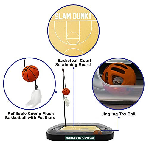 Cat Scratch Toy NCAA Michigan State Spartans Reversible Basketball Court Felt/Cardboard Cat Scratcher Toy. Interactive Cat Ball Bell. 6-in-1 CAT Toy: Cat Wand Poll with Catnip-Filled Plush Basketball - color: Michigan State Spartans
