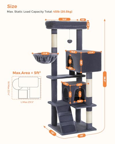 MUTTROS Cat Tree for Large Cats Adult with Super Large Top Perch, 56.3" Tower with Plush Hammock, Shelves and Dangling Pompom, Scratching Posts and 2 Condos House, Dark Gray - color: Dark Gray, size: 56.3inch