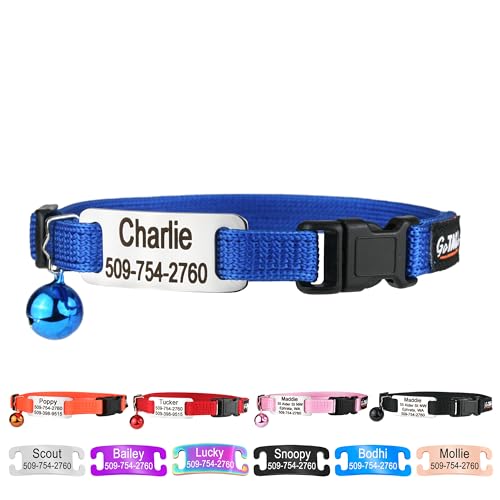 GoTags Personalized Cat Collars with Tag, Engraved Custom Cat Collar with Name and Phone, Breakaway Collar with Safety Buckle and Bell, Adjustable for Cats and Kitten (Blue with Nameplate) - color: Blue, size: One-Size (Classic)