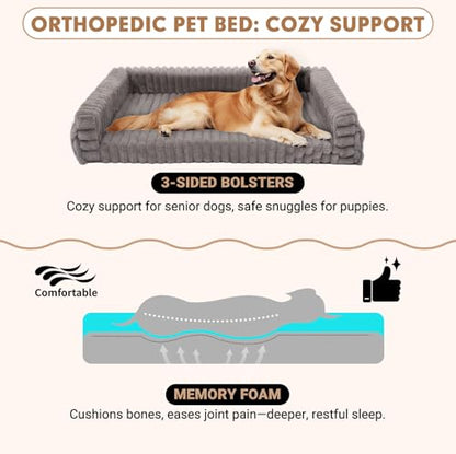 Adjustable Bedside Dog Bed for Large Dogs, Elevated Dog Co-Sleeper with Metal Frame, Memory Foam Mattress & Washable Corduroy Cover, Pet Bedside Sleeper for Dogs & Cats - size: Large