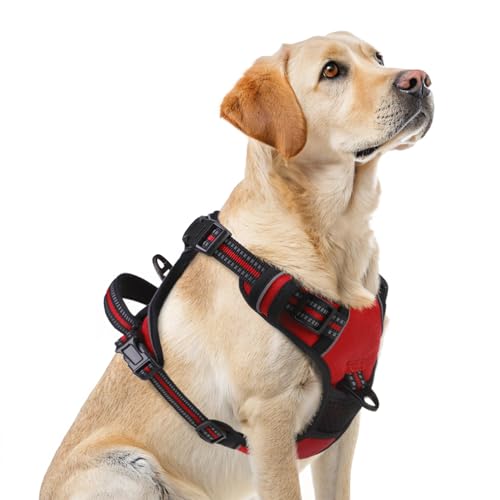 PUPTECK No Pull Dog Harness for Large, Adjustable Reflective Dog Harness with Handle Easy Control, Comfortable Soft Padded Pet Vest Harness for Large Dogs, Red L - color: Red, size: Large