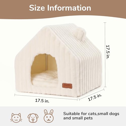 FUKUMARU Cat Houses for Indoor Cats, Washable Cute Cat Bed Cave with Removable Pillow, Large Semi-Enclosed Cozy Dog House Indoor, Soft Faux Rabbit Fur Kitten Bed, 17.5-Inch Cat Hideaway, Cream - color: Cream